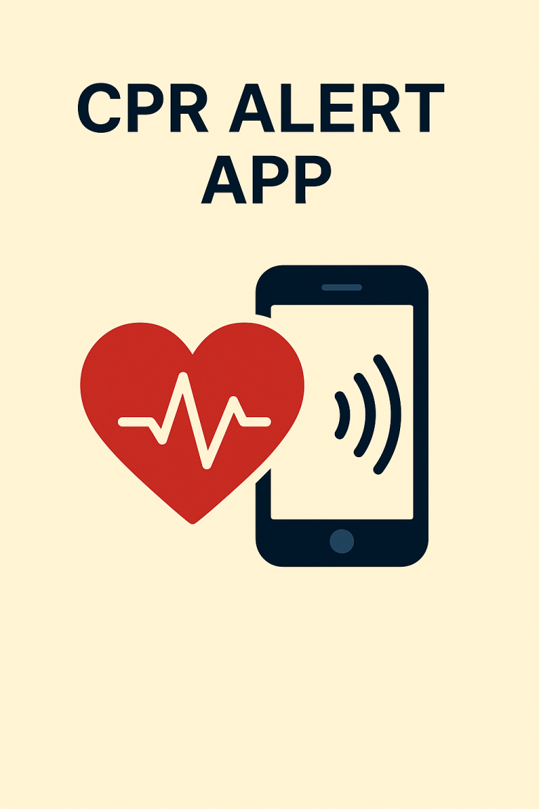 Illustration of a CPR alert app. A red heart with a white heartbeat line appears next to a navy smartphone emitting signal lines, on a beige background with the title “CPR ALERT APP” in bold navy text above.