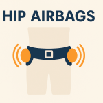 Illustration of a hip airbag safety belt with orange airbag deployment indicators on both sides, showing wearable fall protection technology