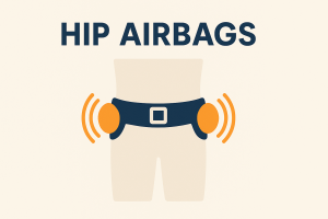 Illustration of a hip airbag safety belt with orange airbag deployment indicators on both sides, showing wearable fall protection technology