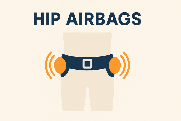 Illustration of a hip airbag safety belt with orange airbag deployment indicators on both sides, showing wearable fall protection technology