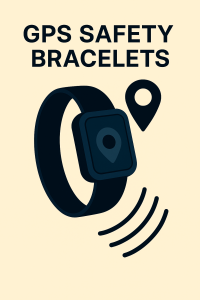 Illustration of a dark blue GPS safety bracelet with a square watch-like device showing a location pin icon, accompanied by a larger location pin and signal waves, on a cream background.